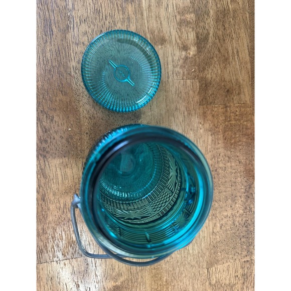 Vintage Avon Teal‎ Blue Glass Jar Wire Handle Textured Retro Storage Container - Picture 7 of 7